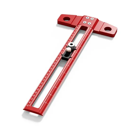 Red Multifunctional T-Square Ruler 0-300mm - Aluminium Alloy with Laser Engraved Scale - Interchangeable Drill Bushings, 90 Degree Marking & Drilling Guide for Woodworking, DIY and Carpentry