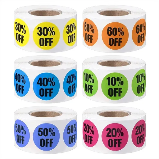 3000 Pieces Percent Off Sticker 10 to 60 Stickers Labels Adhesive Sale for Retail Store,1 Inch,6 Rolls