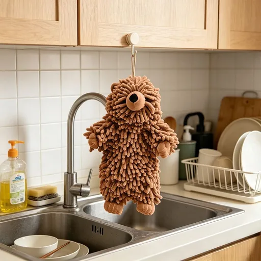 Bear Chenille Hanging Hand Towel Cute Soft Absorbent Quick Dry Fuzzy Ball Decorative Kitchen Bathroom Towel with Loop