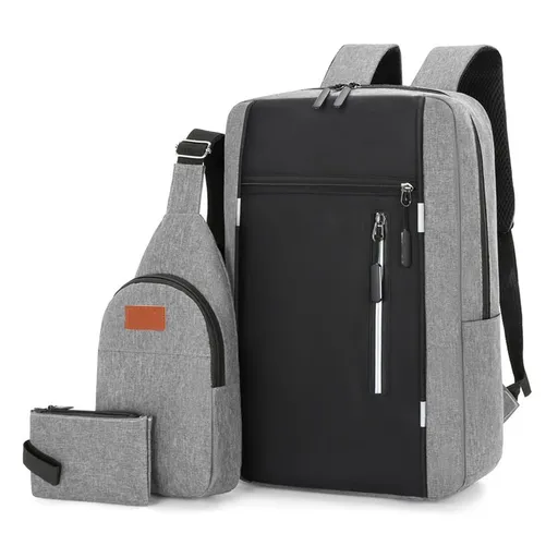 3-Piece Grey and Black Set Large Capacity Waterproof Business Travel Backpack + Crossbody Bag + Coin Purse with 16 Inch Laptop Padded Compartment, Muti Pockets & USB Charging Port