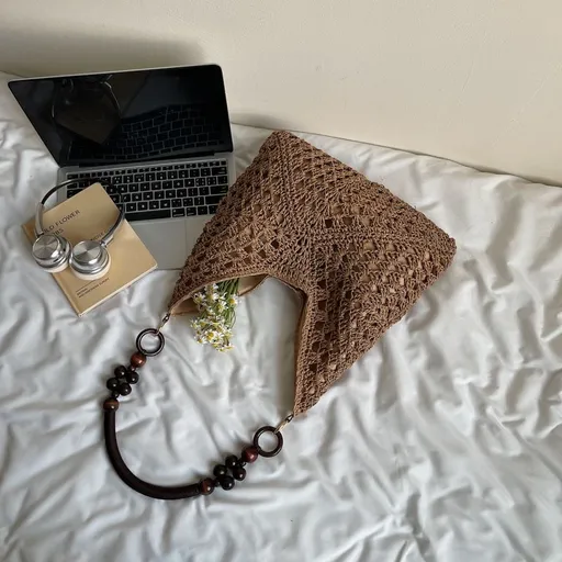 Brown Stylish Hand-Woven Paper Rope Bag – Boho Crochet Tote for Summer & Travel