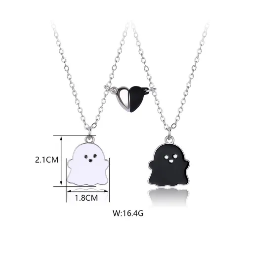 2Pcs Lovely Magnetic Love Heart Ghost Pendant Necklace Set for Women Men Best Friend Girl Boy Teen Enamel Mutual Attract Magnet