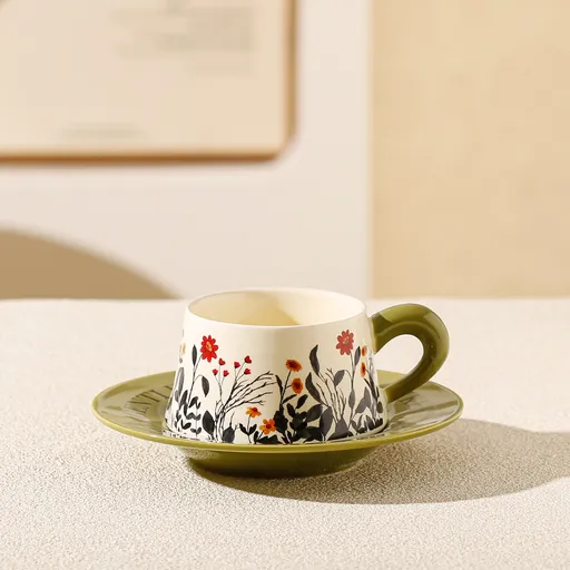 Vintage Floral Ceramic Coffee Cup & Saucer Set(Green disc - green sunflowers)