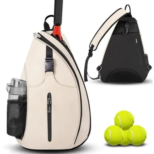 Tennis & Pickleball Dual-Use Sling Bag, Multi-pocket Portable Sports Racket Bag（beige）