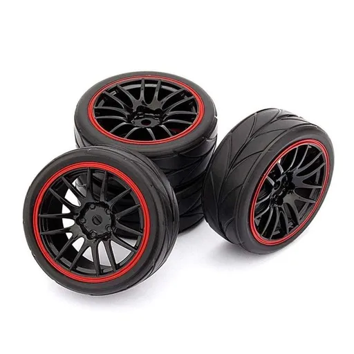 4 pcs On Road Rubber Tires & Wheel Rim, 12mm Hex Hub Plastic Wheel Rims Compatible with 1/10 On-Road Touring Car-Red