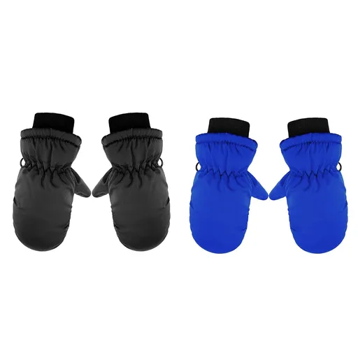 2 Pairs Kids Winter Snow Mittens, Waterproof Warm Stretchy Gloves for Boys and Girls, Ages 6-11, Black and Blue