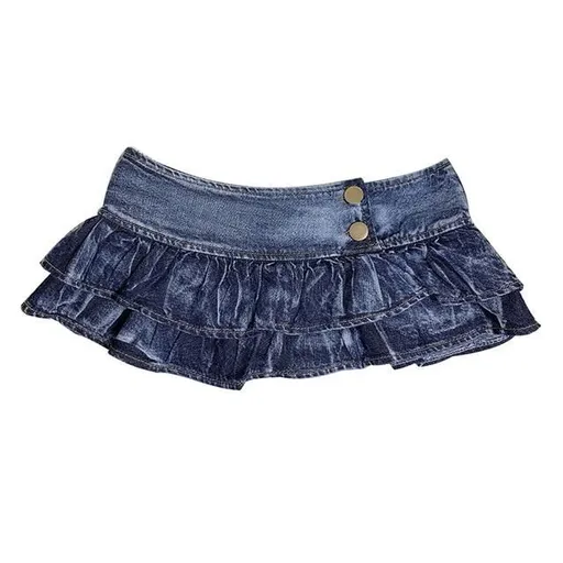 House Of Dasein Pleated Ruffles Super Mini Low Waist Denim Skirt Women - Blue - S
