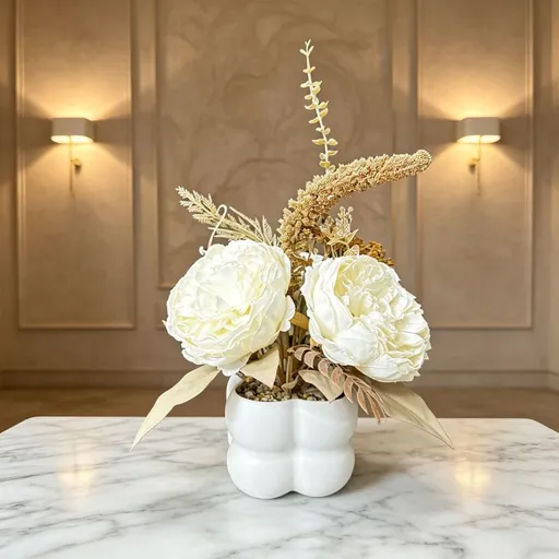 Light luxury simulated peony potted plant, handcrafted petals realistic and full, pumpkin planter round and versatile, no maintenance ready to display upon opening, brightens up new Chinese-style home spaces.(white)