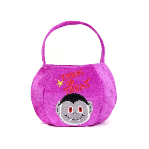 Purple bag with a vampire design - Plush Halloween Trick or Treat Candy Bag - Polyester Tote with Embroidered Face, Lightweight Portable Goody Pouch for Party Favors and Trick or Treating