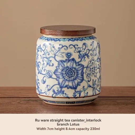 Ru Kiln tea jar, blue-and-white ceramic canister, airtight tea storage, floral tea container, Australian tea accessory - Cyan - Size 3