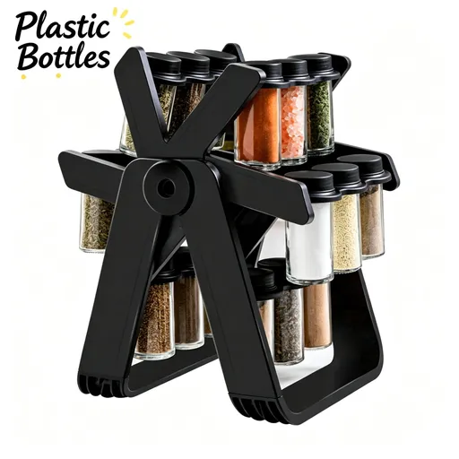 Rotating Kitchen Condiment Storage Rack, 18‑Piece Plastic Spice Bottle Set, Countertop Seasoning Organizer, Christmas & Halloween Kitchen Gadget, Nice Holiday Souvenir Gift