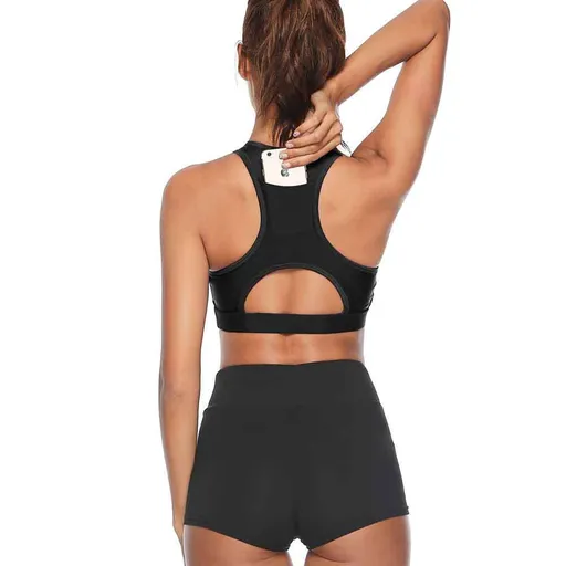XL Black Women Sports Bra with Back Phone Pocket Racerback Yoga Crop Top Medium Support Activewear for Running Gym and Fitness