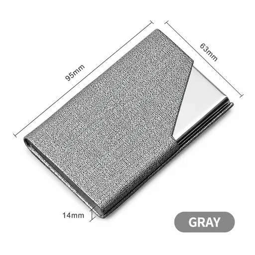 Grey Stainless Steel and PU Leather Business Card Holder - 95mm x 63mm - Magnetic Flip Cover, Velvet Lining, Professional Office Accessory
