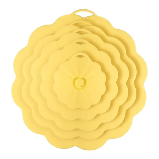 Food-Grade Silicone Stretchable Sealing Lids Set of 5 – Leak-Proof Reusable Covers for Bowls, Cups, Plates & Pots, BPA-Free, Heat Resistant to 230°C, Airtight Kitchen Freshness Keepers in Pastel Colors with Flower Knob (Yellow)
