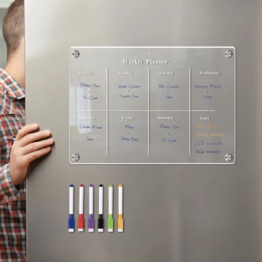 Clear Acrylic Weekly Planner with Pens Magnetic Dry Erase Board Fridge Small Menu Whiteboard for Kitchen Office Classroom