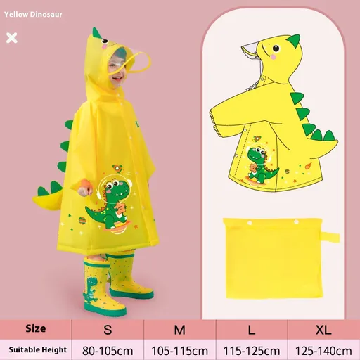 Yellow dinosaur Kids Waterproof Raincoat with Expandable Backpack Slot Hooded Rain Jacket for Boys & Girls School & Outdoor(size:L)