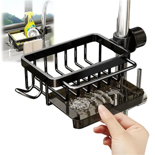 Left Sink Organizer Rack,Hanging Faucet Drain Rack with Drip Tray, Stainless Steel Detachable Sink Faucet Sponge Holder Over Faucet for Kitchen and Bathroom,Scrubbers, Soap,Brush - Black - Size 26cm