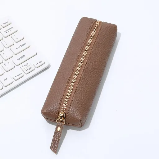 Leather Pencil Case - Korean Style Zipper Stationery Bag for Students and Office - Large Capacity Pen Organizer Pouch - Coffee Brown