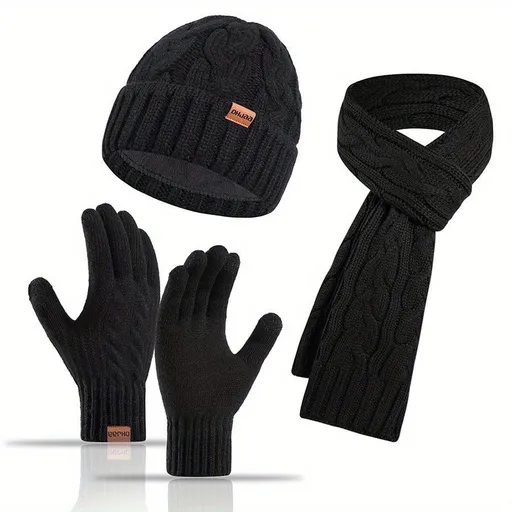 Unisex Winter Accessory Set Beanie Scarf Gloves Winter Fashion Warm Accessories - Black - Size L
