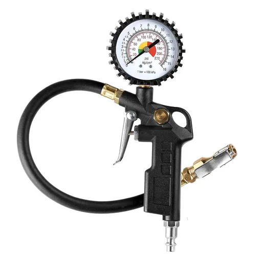 Tire Inflator Deflator Air Pressure Gauge with Rubber Hose, Dial Wheel Inflator Gage with Straight Brass Lock-on Chuck Compatible with Air Pump Compressor for Car Motorcycle Bike