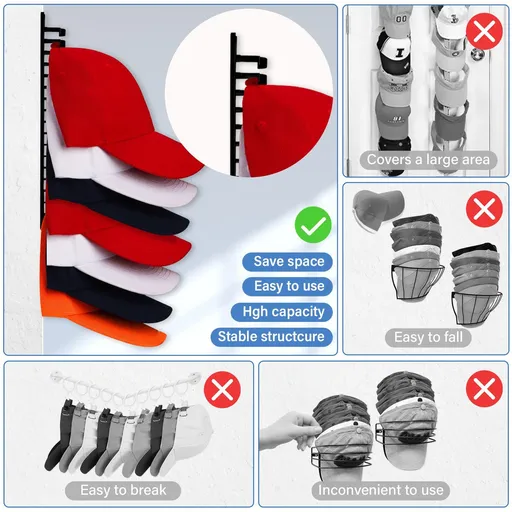 Hat Organizer for Baseball Caps, 1 Pack Hat Rack Adhesive Hat Hooks for Wall Hold Up to 16 Hats, Hat Storage Display Hat Hanger