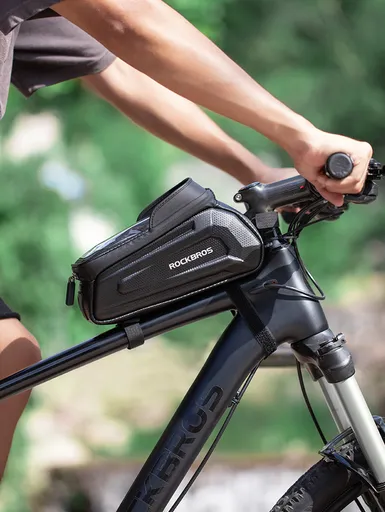 ROCKBROS Hard Shell Bike Top Tube Bag - Waterproof Cycling Frame Pouch with TPU Touchscreen Phone Holder & Sun Visor - 1.7L Large Capacity for MTB & Road Bikes - Black