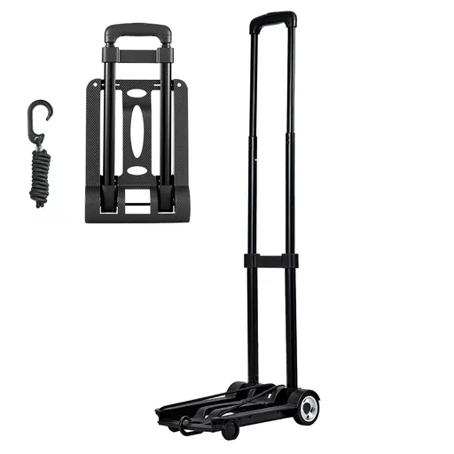 Folding Hand Truck, 49.9 kg Load Capacity, Collapsible Luggage Cart with 2 Wheels & 1 Elastic Rope, Utility Dolly Platform Cart for Airport Travel Furniture Luggage Office Moving, Black