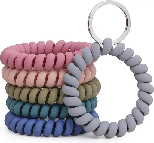 6 Pack Stretchy Coil Wrist Keychain Bracelets With Metal Key Ring, Flexible Spiral Key Holder For Gym Pool Sauna Beach, Assorted Colors