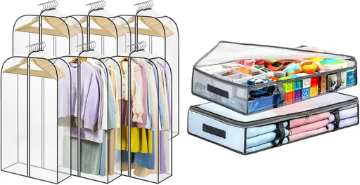 2 Packs Under Bed Storage Containers Bins-55L, 6 Pack Clear Garment Bags-40'' Long -