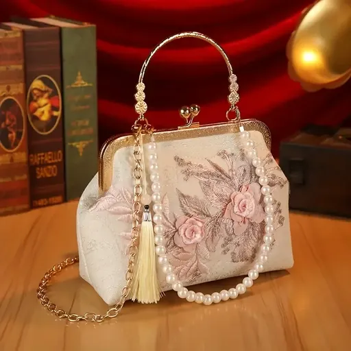 【3D Embroidery Small Square Bag】​ Carved Gold Handle with Pearl Tassels, Polyester Jacquard Vintage Handbag, Versatile for Weddings, Tea Parties & Daily Commute, Luxurious Eastern Elegance./pink