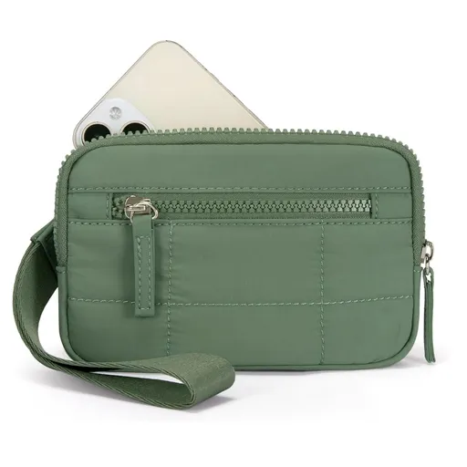 Green RFID Blocking Nylon Wristlet Clutch Wallet - Compact Waterproof Pouch with Card Slots & ID Window