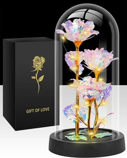 Eternal Blue Rose in Glass Dome with LED Lights, Romantic Forever Flower Gift for Valentine’s Day Anniversary Mother’s Day Birthday (Purple)