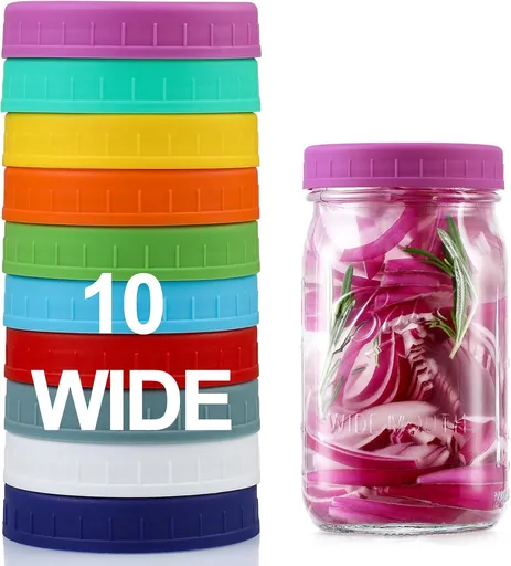 10 Pack Plastic Wide Mouth Mason Jar Lids for Ball, Kerr and More - Multicolor Storage Caps for Mason Jars, Canning Jars - Leak-Proof, Dishwasher Safe & Food Grade