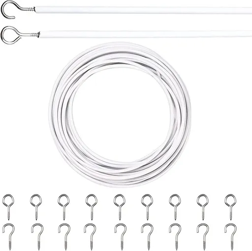 Curtain spiral wire - 10M - Curtain cable - with screw eyes and hooks - 25 sheep eye circles and 25 question mark nails - Spiral wire set - curtain cable line for clothing - Tension spring - white - Metal - for curtain rods, curtains, shower curtains