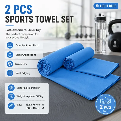2 Piece Light Blue Microfiber Sports Towel Set - 152*76cm and 80*40cm Quick Dry Gym Towels, Ultra Absorbent Sweat Towel for Fitness Running Swimming, Lightweight Travel Friendly