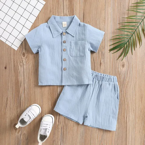 Boys Cotton Linen Polo 2-Piece Set Summer Short Sleeve Light Blue 110cm