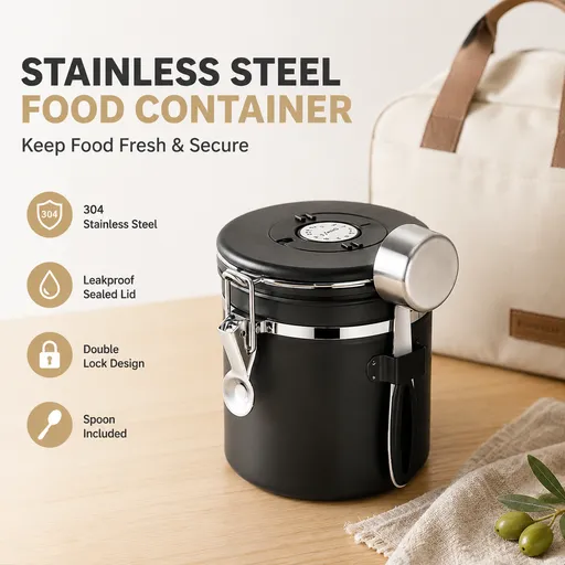 Black 304 Stainless Steel Airtight Coffee Canister 1500ml Vacuum Seal Storage Jar with Date Tracker & Measuring Scoop for Coffee Beans Tea Storage