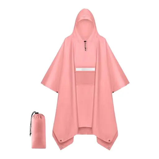 Pink Unisex Hooded Rain Poncho - Lightweight Packable Outdoor Rain Cape with Reflective Pocket, Adjustable Hood and Grommets for Hiking, Camping and Travel