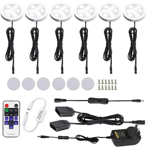 Dimmable & Timing Under Counter Lights Kitchen with Wireless RF Remote,Ultra-Thin 240V LED Cabinet Lights,12W Shelf Lights，6 Lights,Daylight White