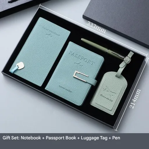 Sky Blue Travel Passport Holder and Notebook Gift Set with Luggage Tag & Metal Pen Business Travel Gift Box