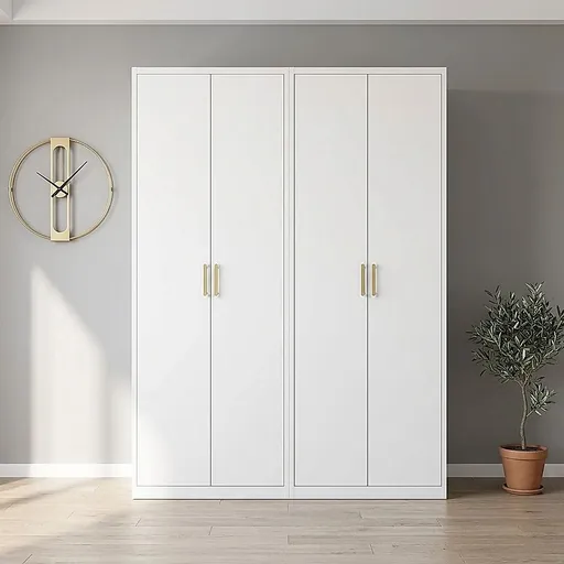 160x200cm 4-Door White Steel Shelf Wardrobe with Gold Handle Storage Cabinet
