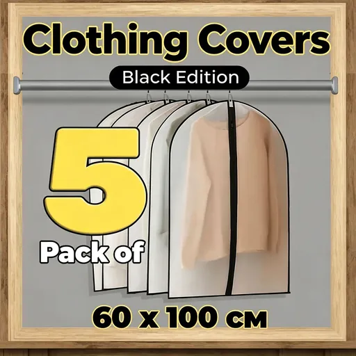 Black Trim | 5 Pack | 60x100cm | Washable Thickened Blazer Dust Cover Set, Clear Hanging Garment Bags for Business Suits, Xmas Commute Suit Storage Set