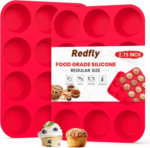 2-Pack 12-Cup Silicone Muffin Pans for Baking Cupcakes, Mini Cakes, and Snacks—Flexible Design with Rounded Cups, Oven-Safe Construction, and Easy Handling—Ideal for Home Bakers and Family Cooking Sessions (Red)