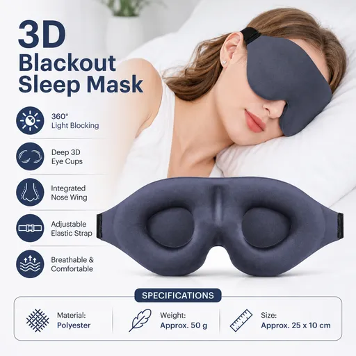 Grey 3D Contoured Sleep Eye Mask - 360 Degree Blackout Blindfold with Adjustable Strap and Nose Wing Design for Side Sleepers, Travel and Nap