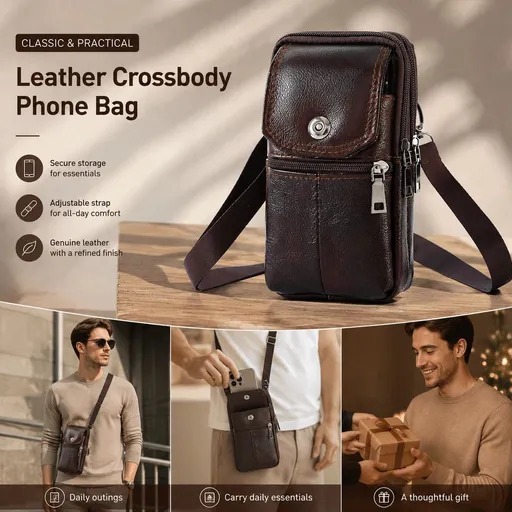 Premium Leather Waist Phone Bag, Versatile Office Casual Cross Shoulder Satchel For Men, Coffee Brown
