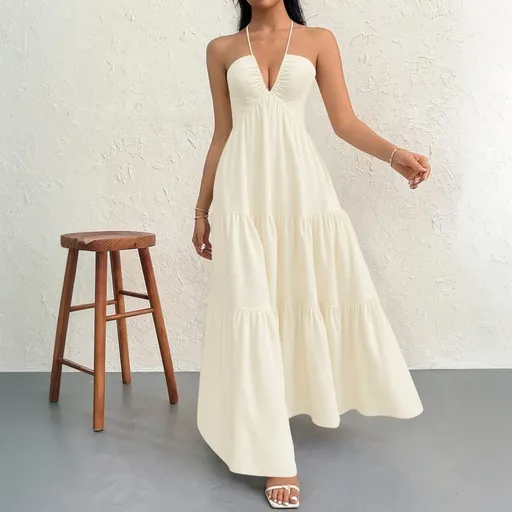 Apricot S Size Women's Elegant Halter Maxi Dress Summer Backless V-Neck Sleeveless Long Beach Resort Gown