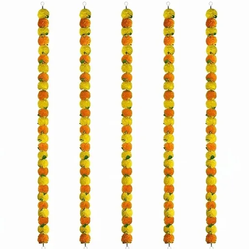 5Pcs Marigold Garland 5ft Orange and Yellow Artificial Flowers Water Resistant for Diwali Home Decoration