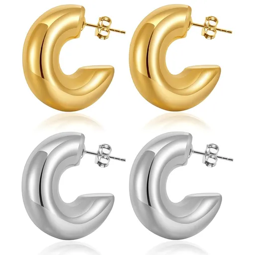 2 pairs Gold Hoop Earrings for Women Plated Chunky Gold Earrings Earrings Open Gold Hoops Hypoallergenic Lightweight Earrings