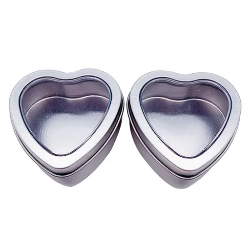 2-Pack Empty Heart Shaped Silver Metal Tins with Clear Window for Candle Making, Candies, Gifts & Treasures