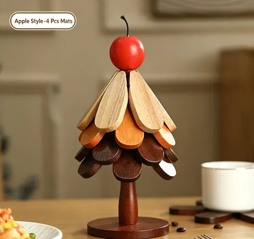 4-Tier Apple Style Christmas Tree Heat Insulation Trivet, Practical Wooden Pot Mat for Christmas & Halloween Gathering